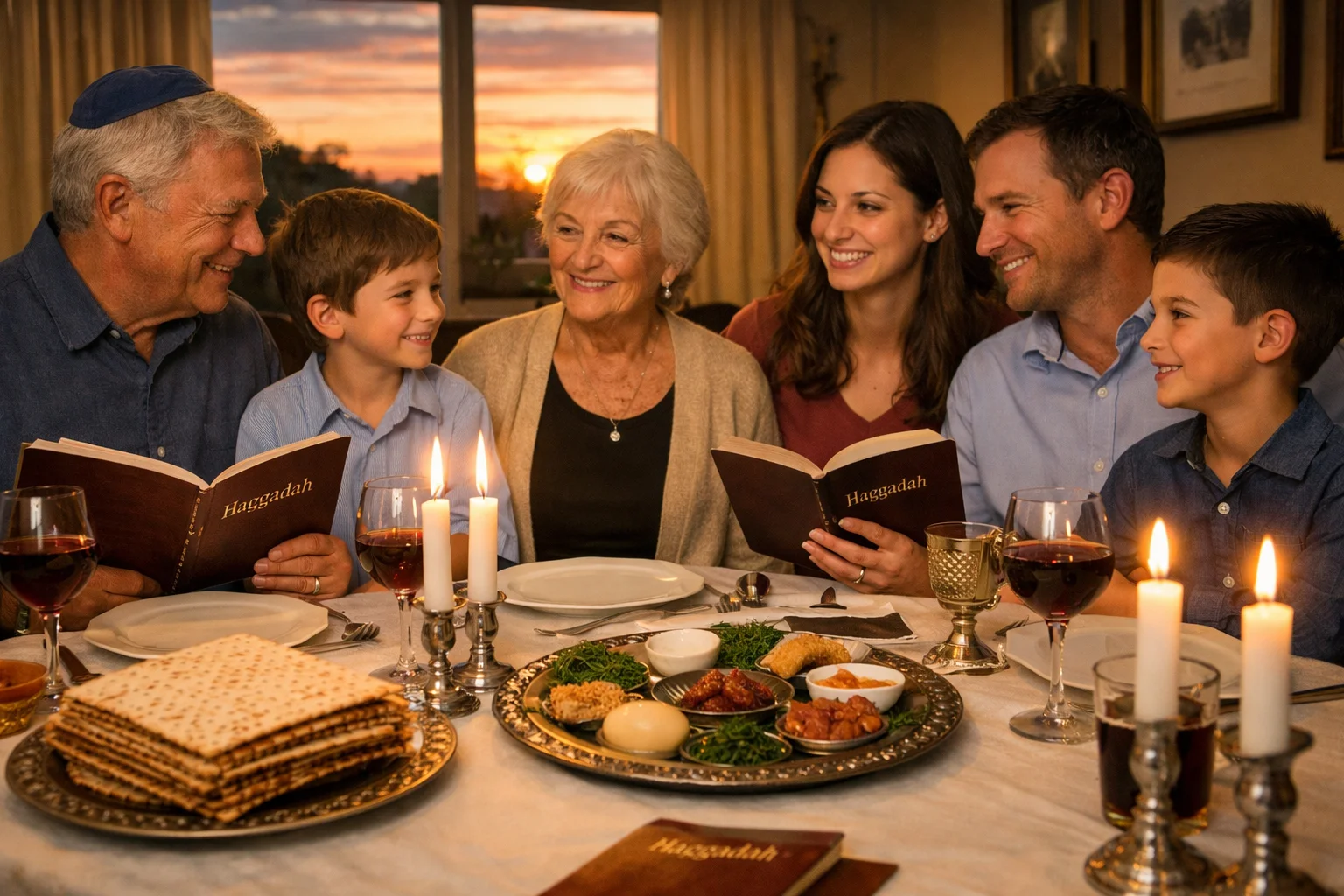 Family gathered around a Passover Seder table in the United States with symbolic foods and candles