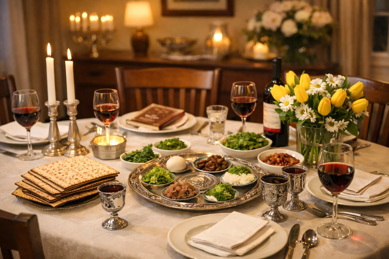 Family Seder table in the U.S. with matzah, wine, and a Seder plate for Pesach planning