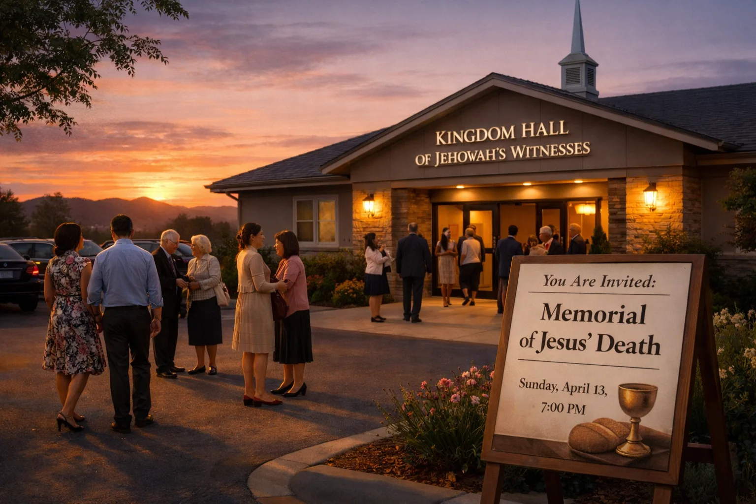 Families and guests arriving at a Kingdom Hall at sunset for the Memorial of Jesus’ Death.
