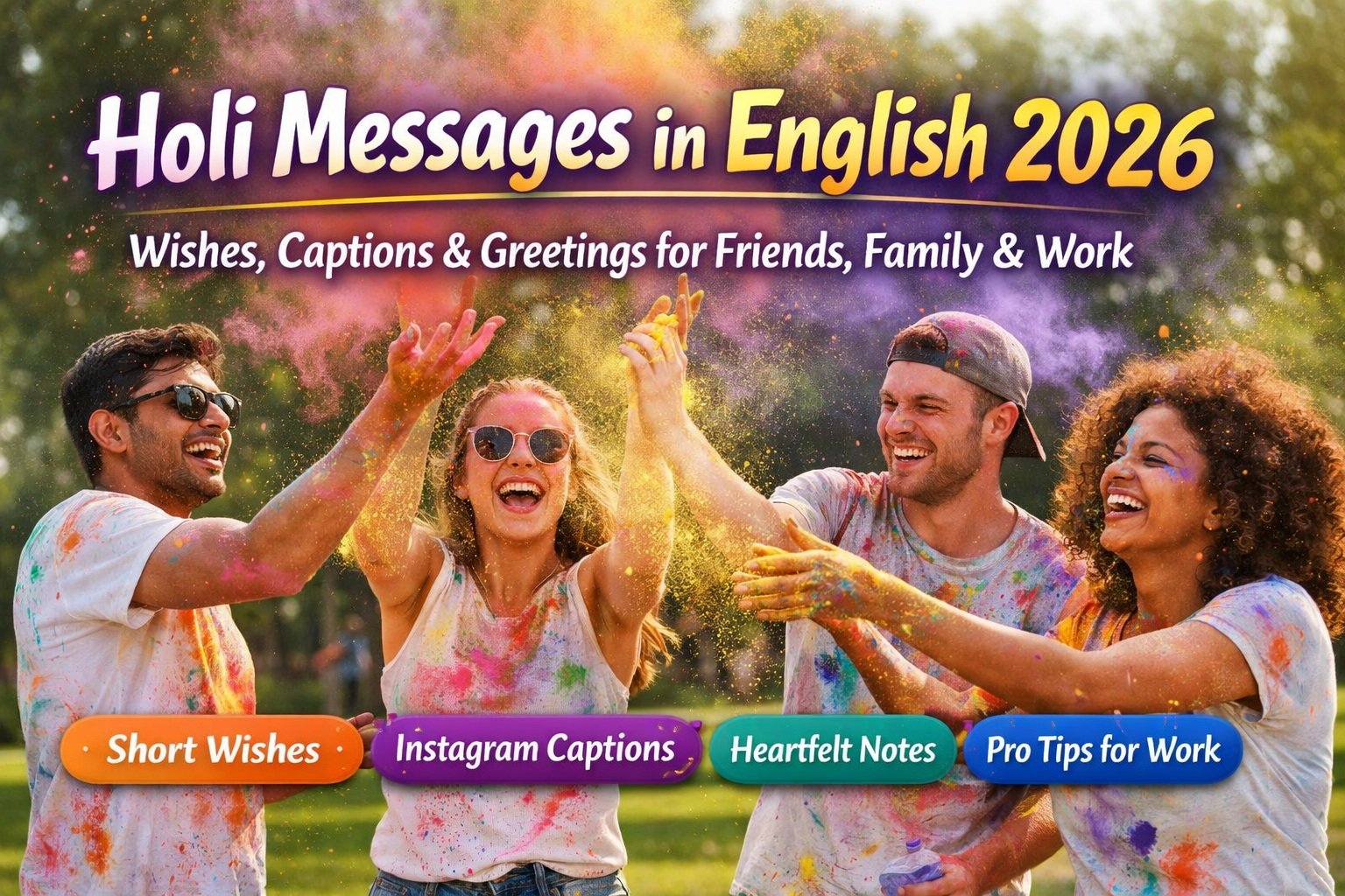 Group of friends smiling and tossing colorful powder during Holi—holi messages in english 2026 banner image.