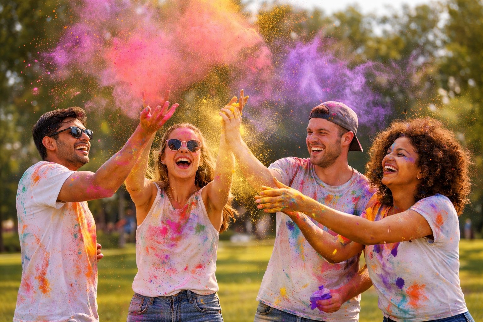 “Friends celebrating Holi outdoors with colorful powder in spring—Holi captions for Instagram 2026.”
