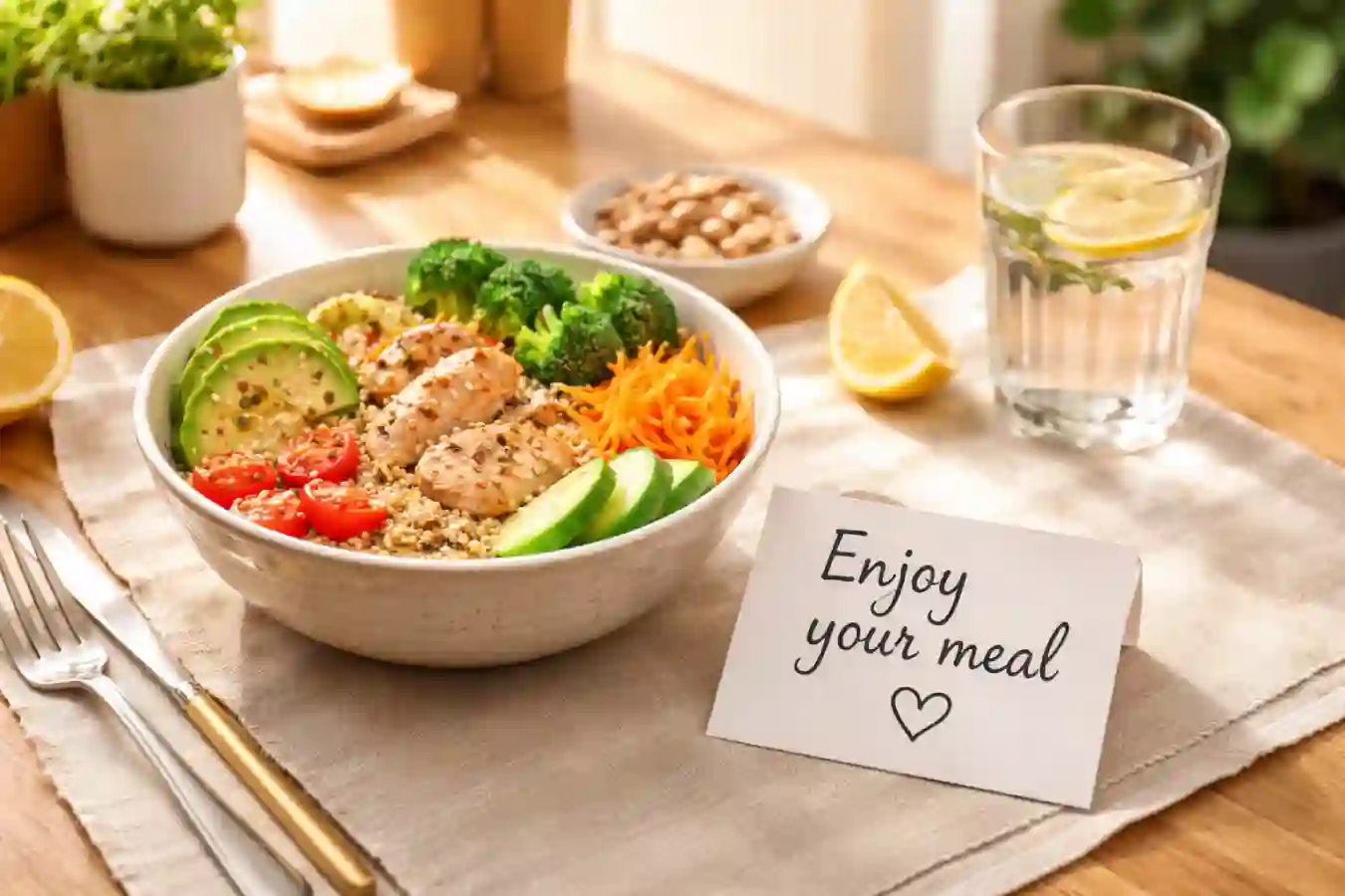 Handwritten note beside a colorful healthy meal on a table.”