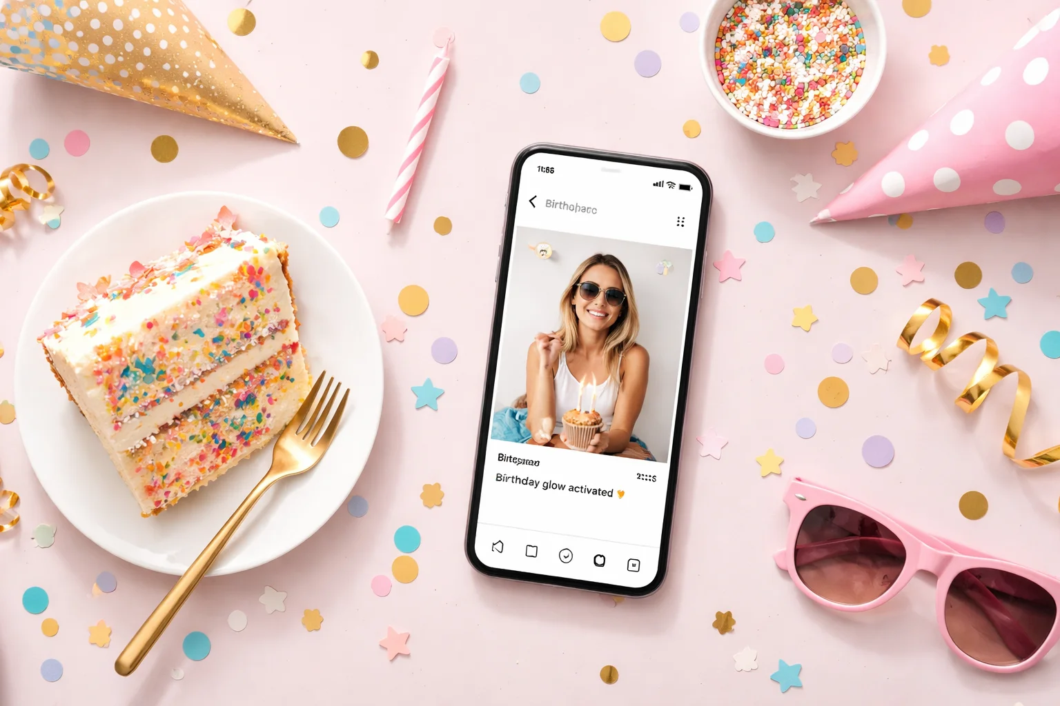 Minimal birthday flat-lay with cake and candle beside a phone.”