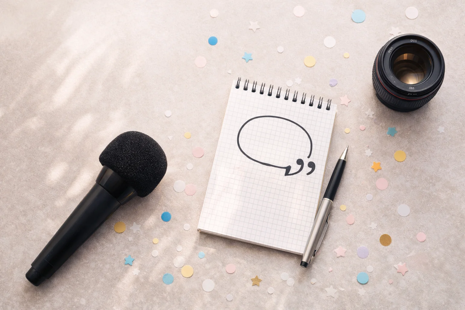 “Neutral desk flat lay with a microphone, notepad, camera lens, and scattered confetti in soft natural light.”