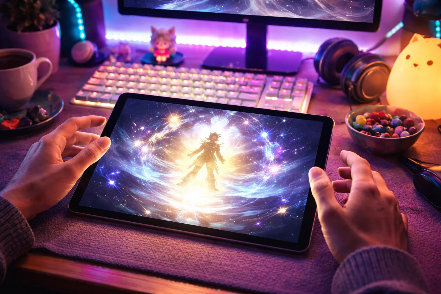 Gamer preparing for a pull session with a glowing tablet and excited setup