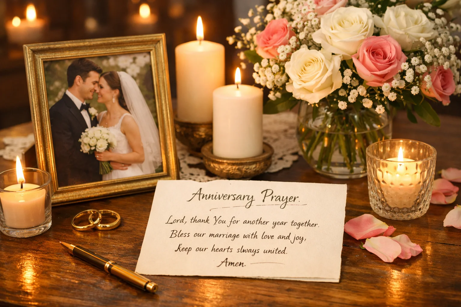Anniversary table with candles, flowers, wedding photo, and a handwritten prayer card for a loving marriage celebration
