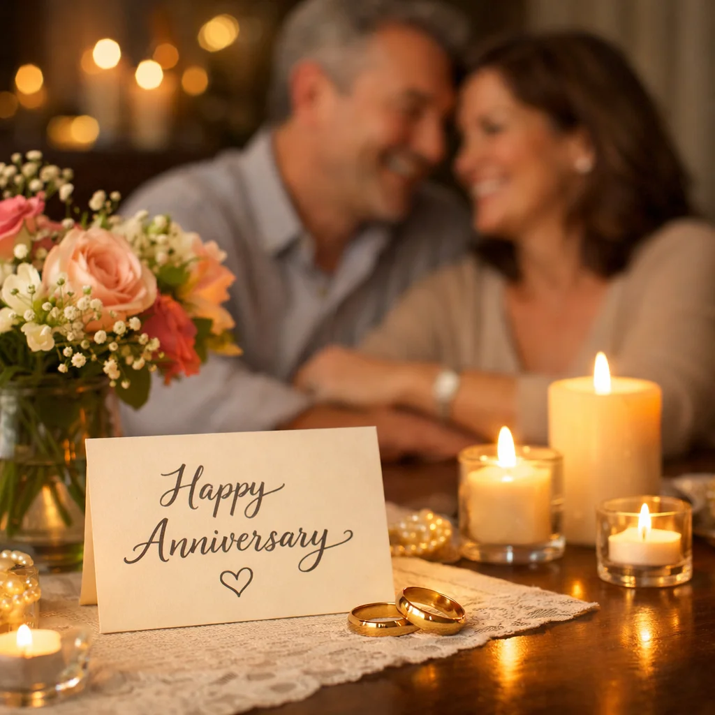 Alt-text (scene + intent; no stuffing): Warm anniversary table with candles, flowers, wedding photo, and a handwritten blessing card for a loving celebration