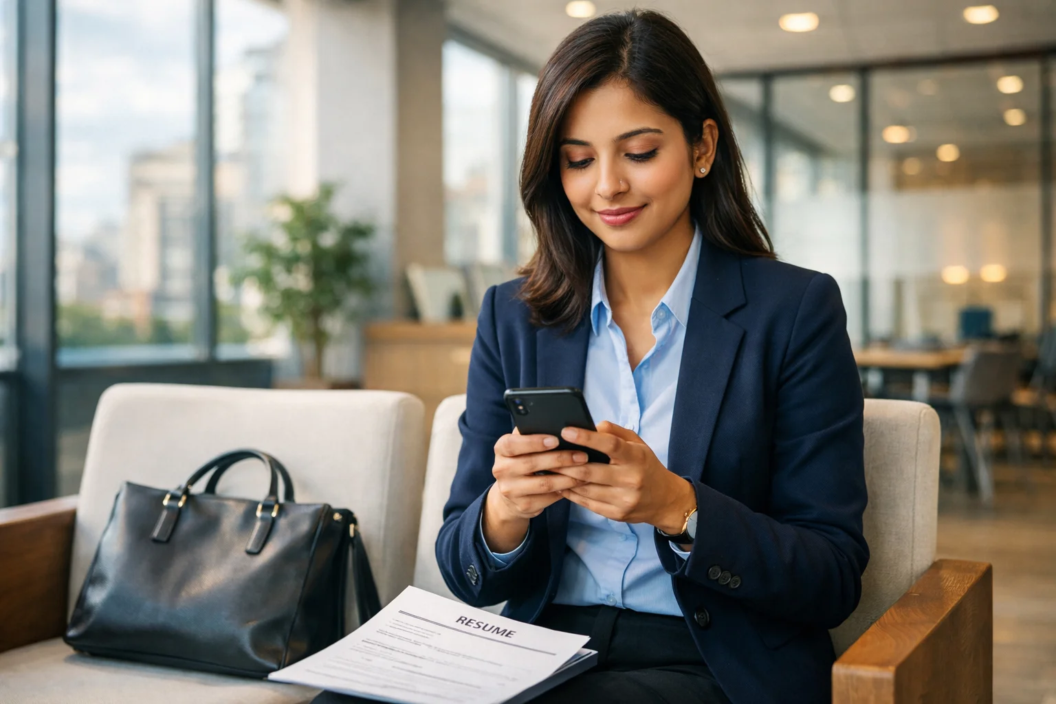 Person reading a good luck message before an interview.