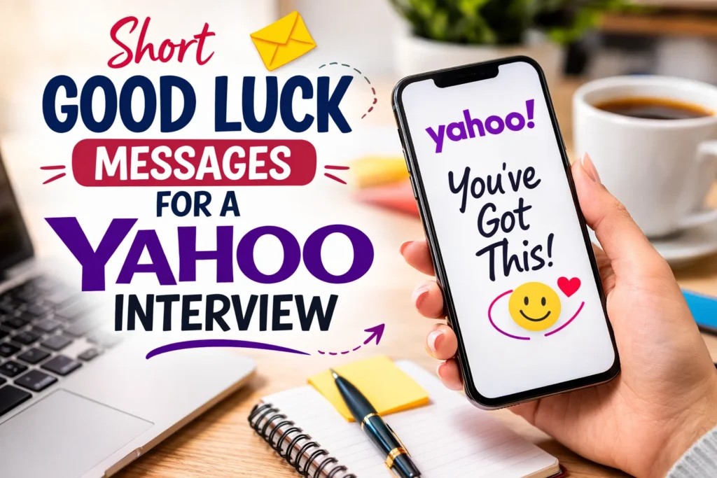 A modern desk setup with a smartphone showing a supportive good luck message for a Yahoo interview.