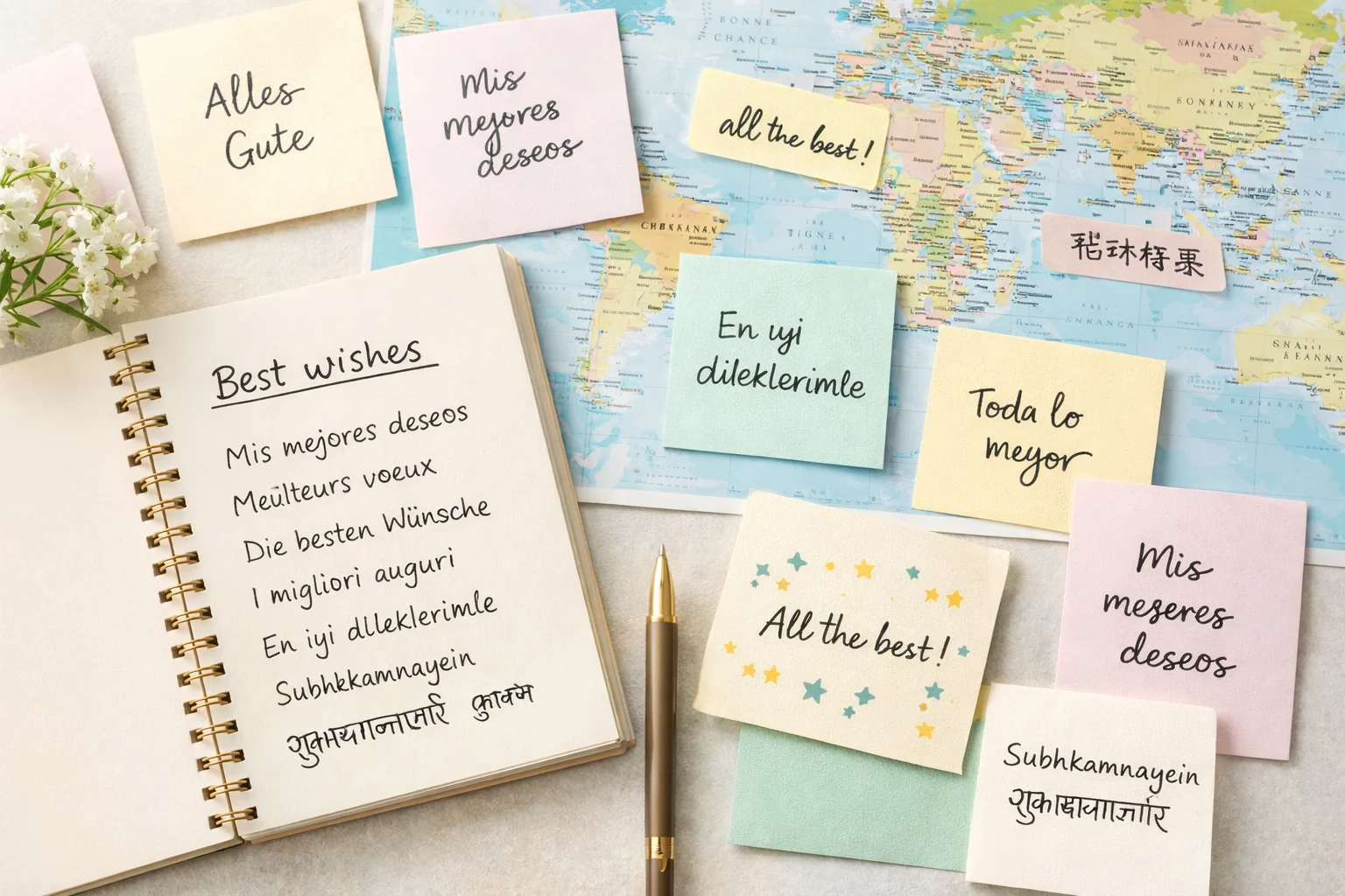 Greeting card ideas showing best wishes in different languages.