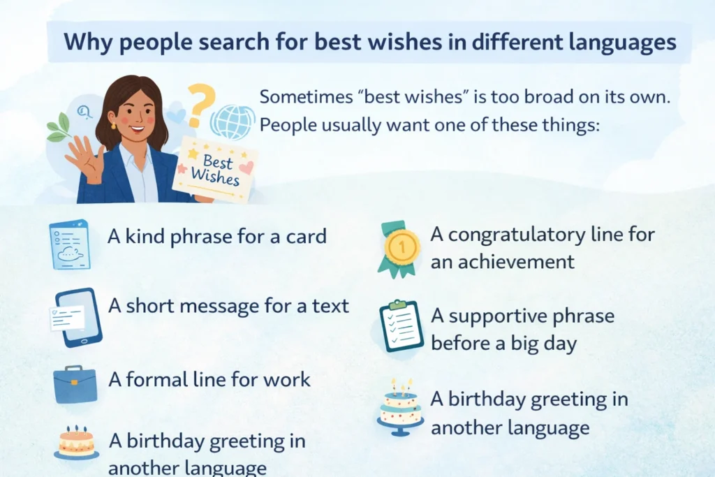 Infographic about why people search for best wishes in different languages, with examples like card messages, text messages, work wishes, congratulatory lines, and birthday greetings.