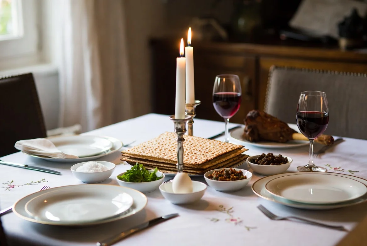 Passover seder table with traditional foods and candles