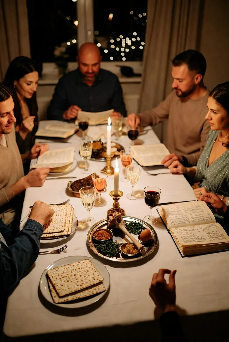 Family sharing Passover Seder traditions around a festive table with symbolic foods.