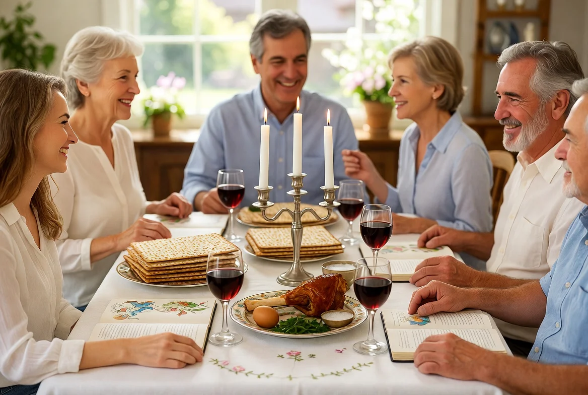 Family celebrating Passover with seder table and traditional foods