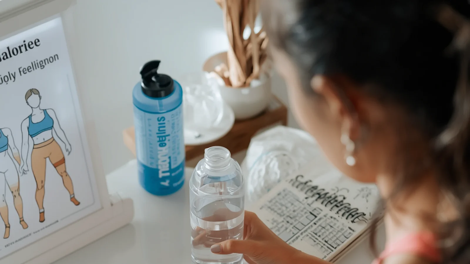 Person reviewing metabolism notes and calorie basics in a bright fitness setting.
