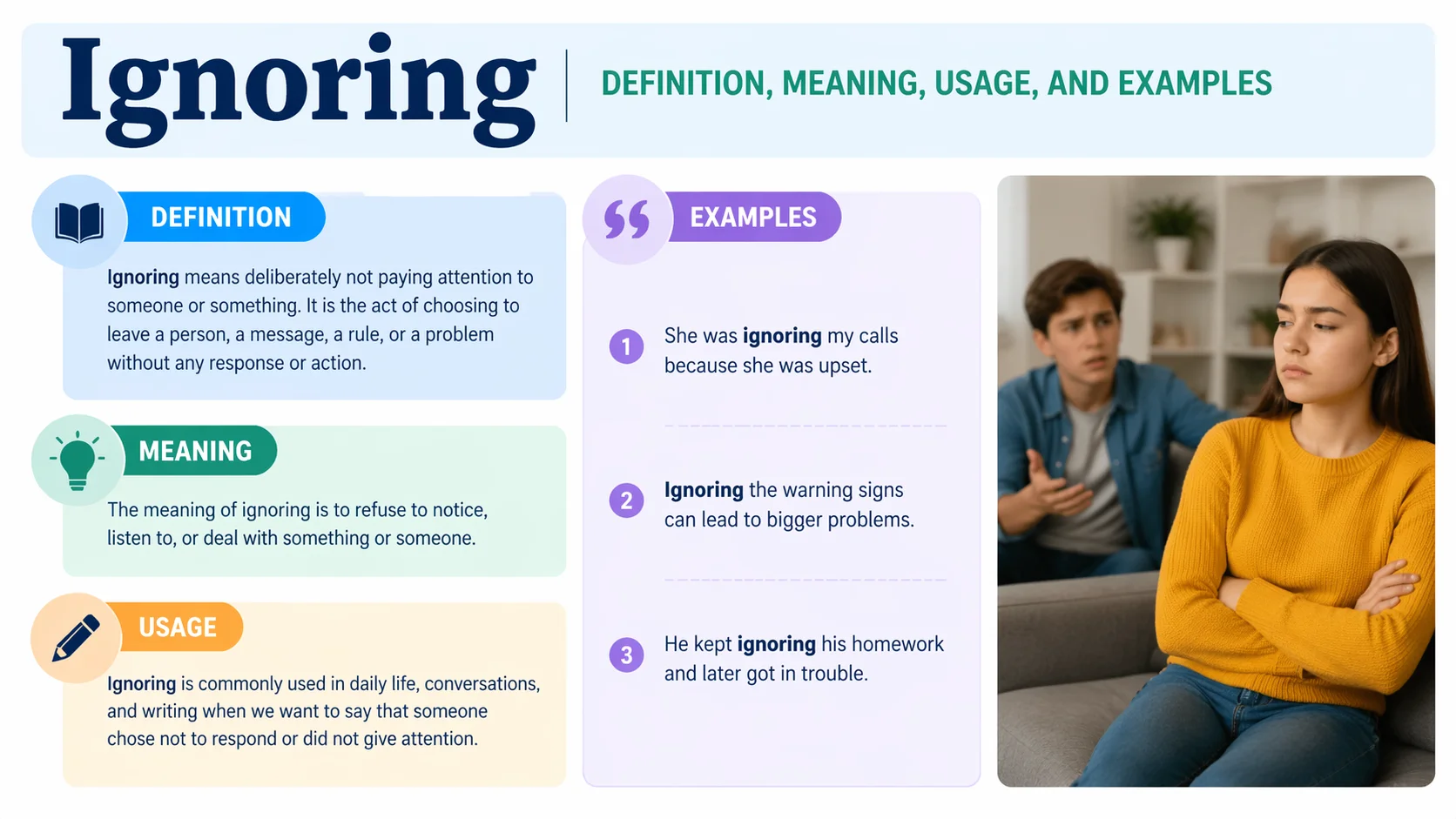 Ignoring Definition in English: Meaning, Usage, and Examples